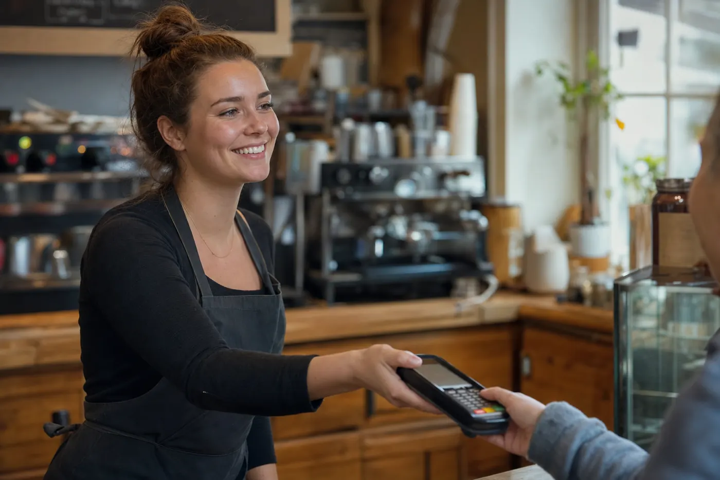 Cafe owner taking a card payment from a customer at the counter