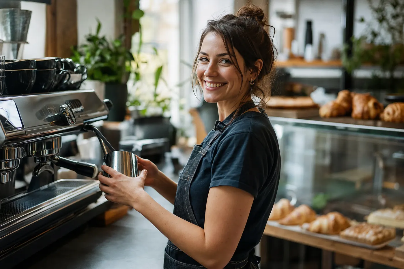 Barista steaming milk at the espresso machine in an independent coffee shop
