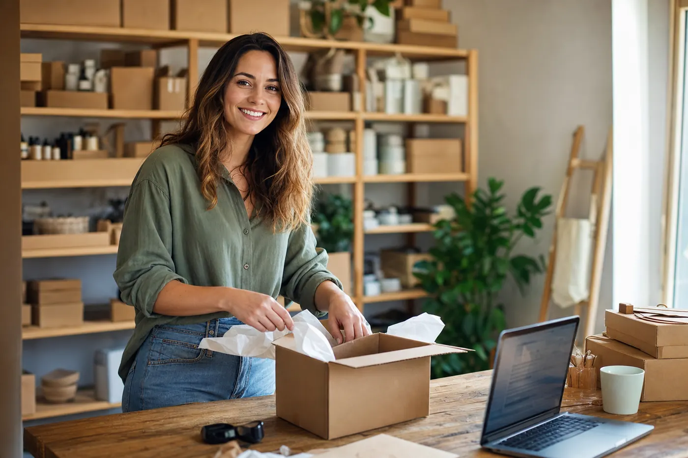 Online seller packing orders in a home studio with a laptop open