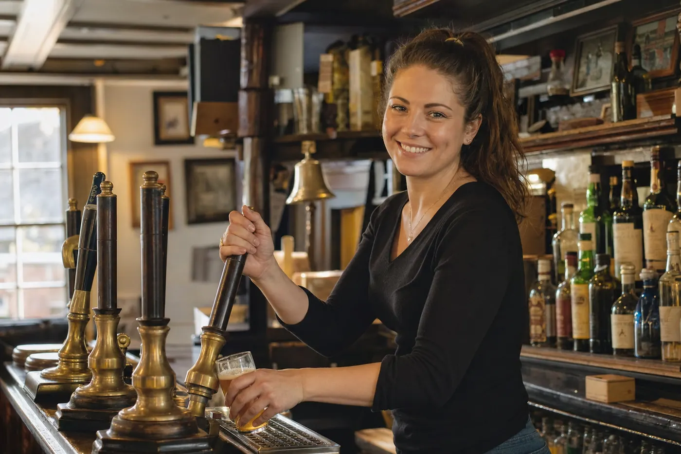 Landlady pulling a pint behind the bar of a traditional pub