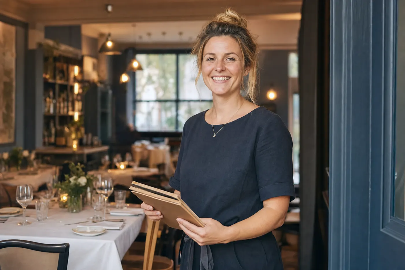 Restaurant owner front of house in a small UK bistro