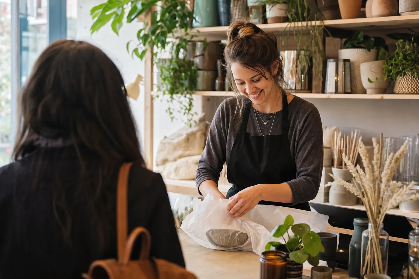 Shop owner wrapping a purchase at the till of an independent boutique